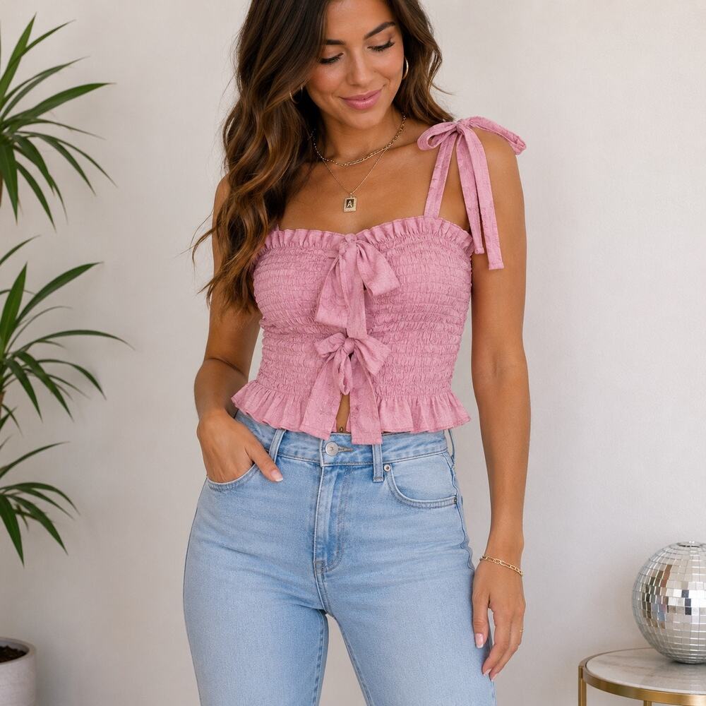 Mable Pink Ruched Tie Strap Smocked Crop Top Sz S